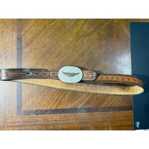 Vintage Handcrafted Leather Belt With Silver Toned Eagle Belt Buckle 44 Inches